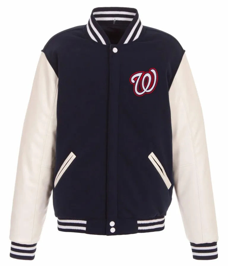 Washington Nationals  Navy Blue Wool & White Leather Sleeves Varsity Men's Jacket