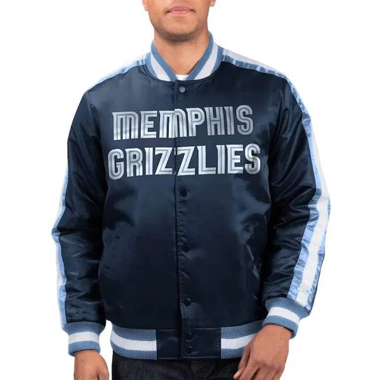Memphis Grizzlies The Offensive Full-Snap Varsity Navy Blue Satin Men's Bomber Jacket