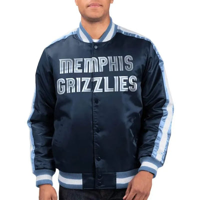 Memphis Grizzlies The Offensive Full-Snap Varsity Navy Blue Satin Men's Bomber Jacket