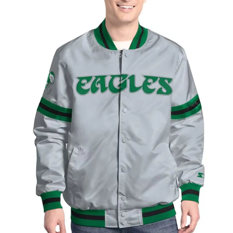 Philadelphia Eagles Vintage Scout Full-Snap Varsity Gray Satin Men's Bomber Jacket