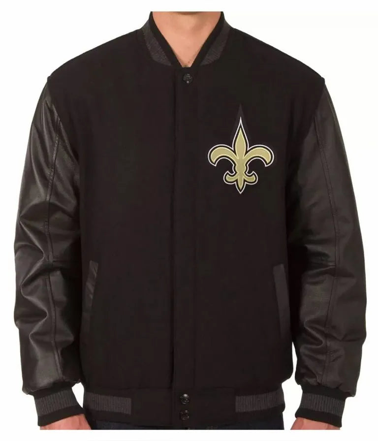 New Orleans Saints Black Wool & Genuine Leather Sleeves Men's Varsity Letterman Jacket
