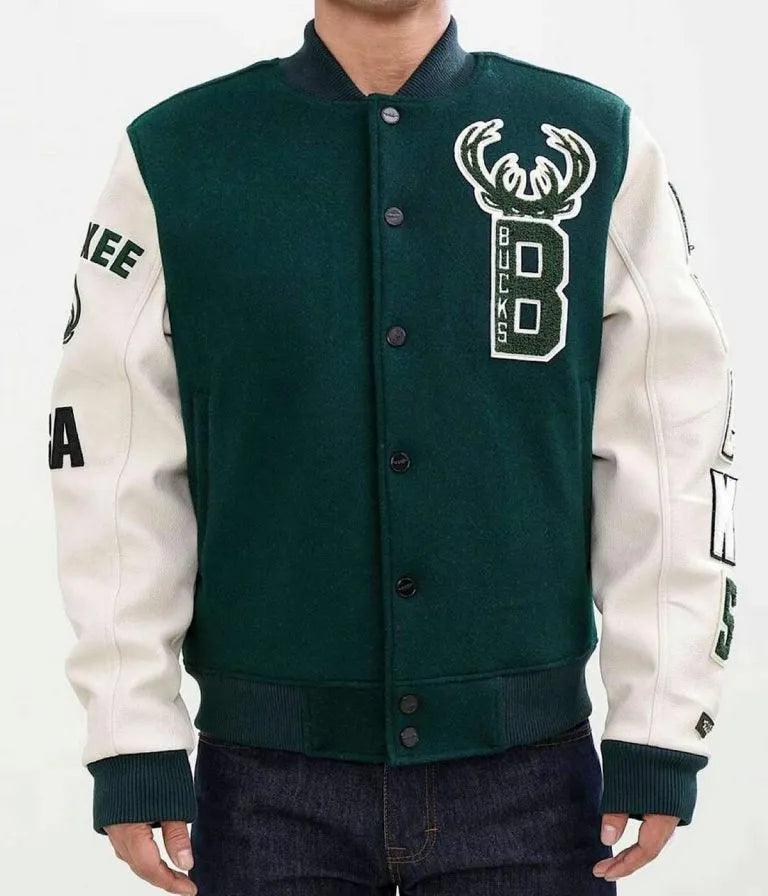 Milwaukee Bucks Varsity Green Wool & White Genuine Leather Sleeves Men's Letterman Jacket