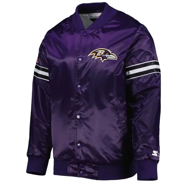 Baltimore Ravens The Pick and Roll Full-Snap Varsity Purple Satin Men's Bomber Jacket