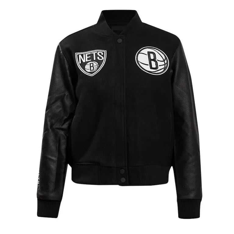 Brooklyn Nets NBA Black Wool & Genuine Leather Sleeves Men's Varsity Letterman Jacket