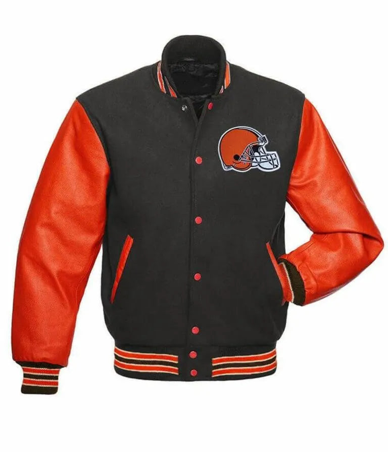 Cleveland Browns Grey Wool & Orange Genuine Leather Sleeves Full-Snap Men's Varsity Jacket