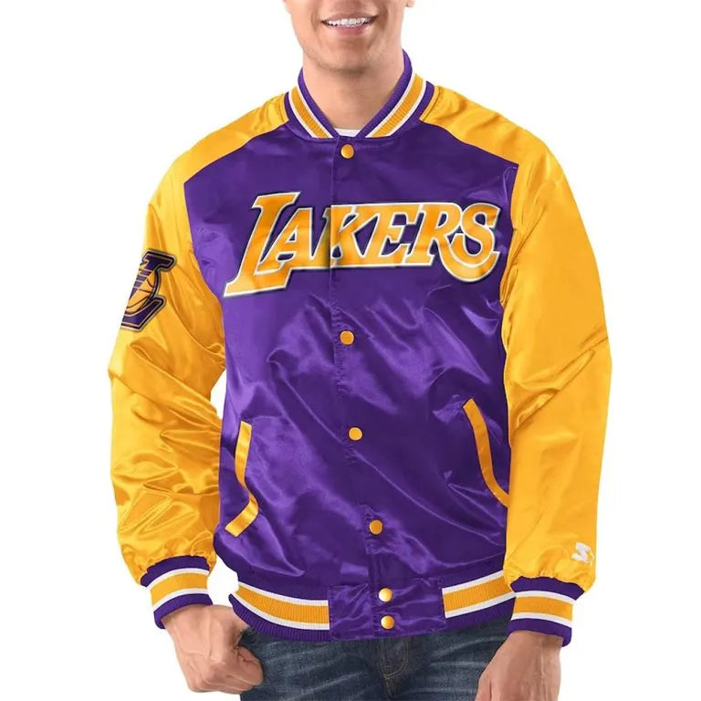 Los Angeles Lakers Renegade Full-Snap Varsity Purple/Gold Satin Men's Bomber Jacket