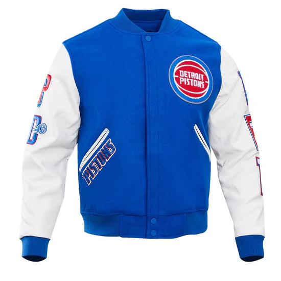 Detroit Pistons Mashup Varsity Royal Blue Wool and White Genuine Leather Sleeves Men's Bomber Jacket