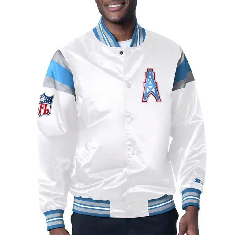 Houston Oilers Full-Snap Varsity White and Light Blue Satin Men's Bomber Jacket