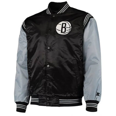 Brooklyn Nets The Enforcer Full-Snap Varsity Black/Gray Satin Men's Bomber Jacket