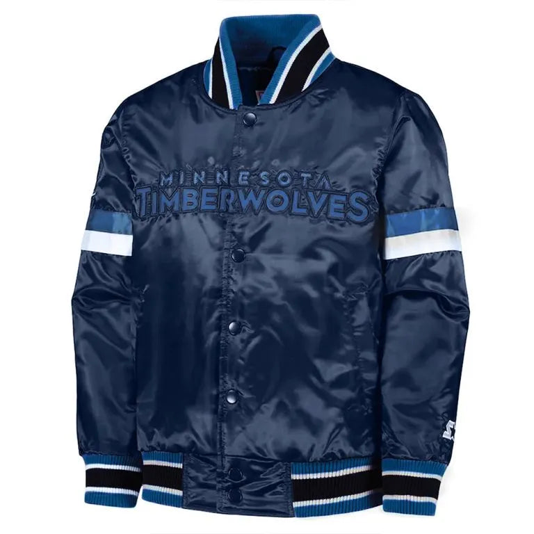 Minnesota Timberwolves Youth Home Game Full-Snap Varsity Navy Blue Satin Men's Bomber Jacket