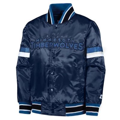Minnesota Timberwolves Youth Home Game Full-Snap Varsity Navy Blue Satin Men's Bomber Jacket