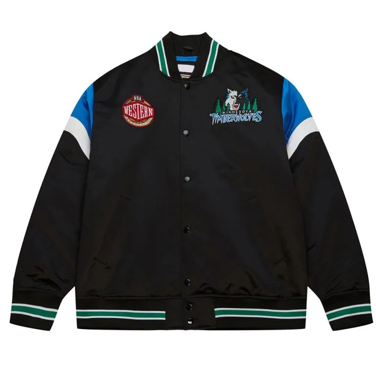 Minnesota Timberwolves Heavyweight Full-Snap Varsity Black Satin Men's Bomber Jacket