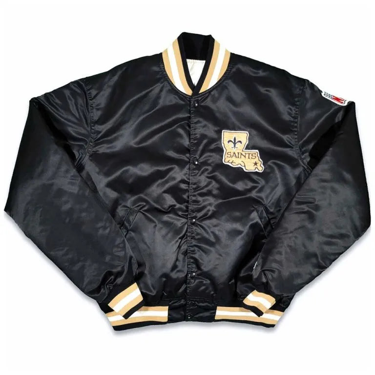80’s New Orleans Saints Full-Snap Varsity Black Satin Men's Bomber Jacket