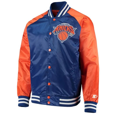 New York Knicks Point Guard Full-Snap Varsity Blue/Orange Satin Men's Bomber Jacket