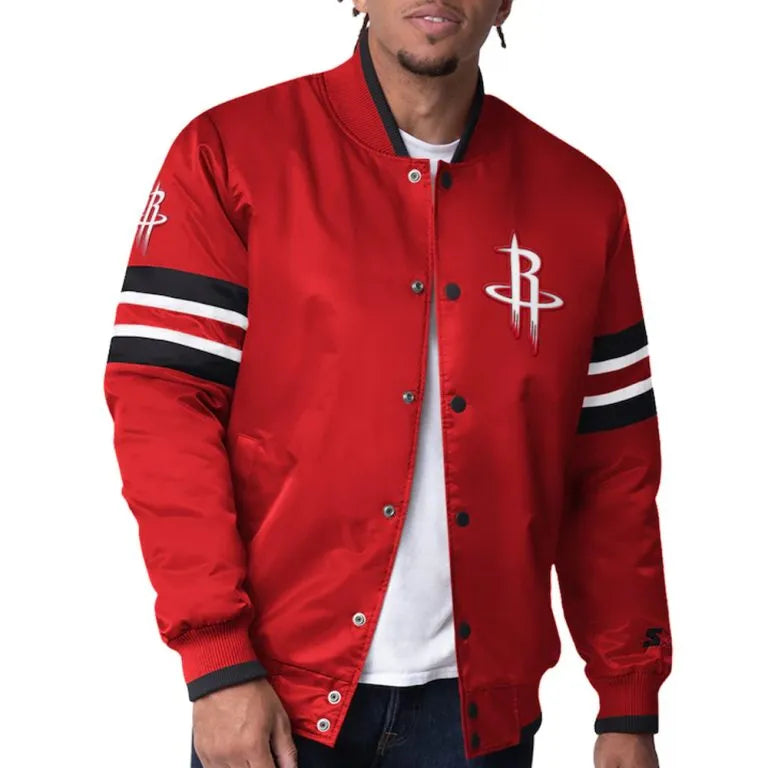 Houston Rockets Scout I Full-Snap Varsity Red Satin Men's Bomber Jacket