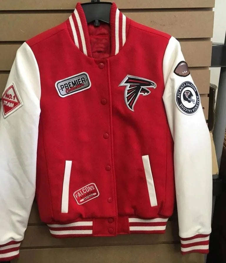 Atlanta Falcons Varsity Red Wool & White Genuine Leather Sleeves Men's Letterman Jacket
