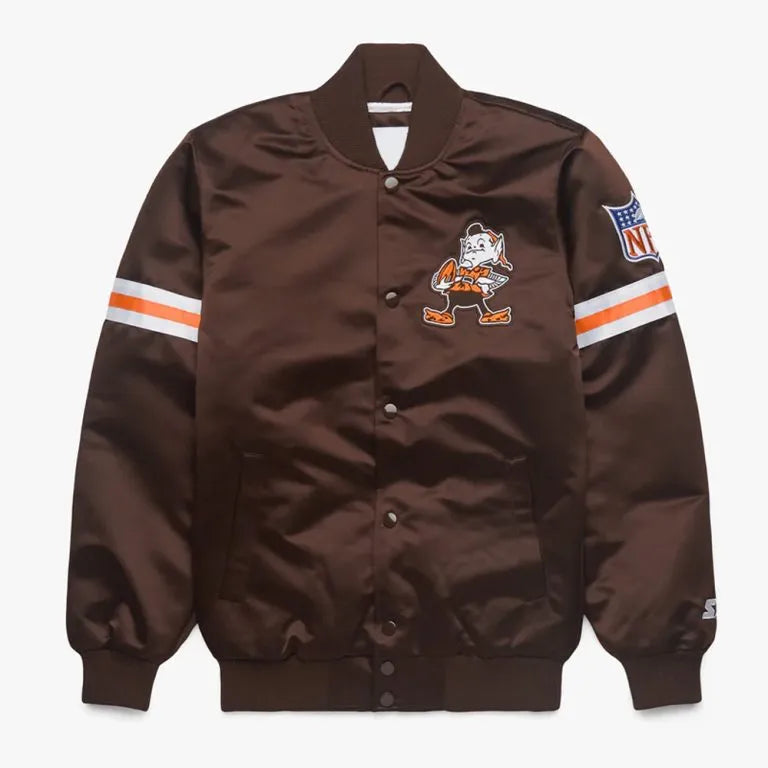 Cleveland Browns Gridiron Full-Snap Varsity Brown Satin Men's Bomber Jacket