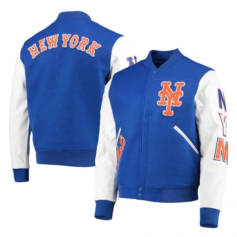 New York Mets Full-Zip Royal Blue Wool & White Leather Sleeves Varsity Men's Jacket