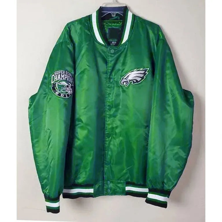 Philadelphia Eagles Super Bowl 2017 Full-Snap Varsity Green Satin Men's Bomber Jacket
