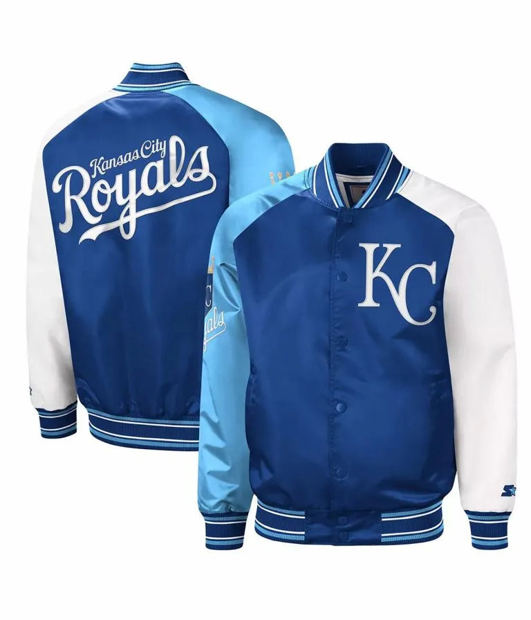 Kansas City Royals Reliever Raglan Full-Snap Varsity Royal/Light Blue Satin Men's Jacket