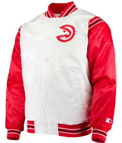 Atlanta Hawks Full-Snap Varsity Red and White Satin Men's Bomber Jacket