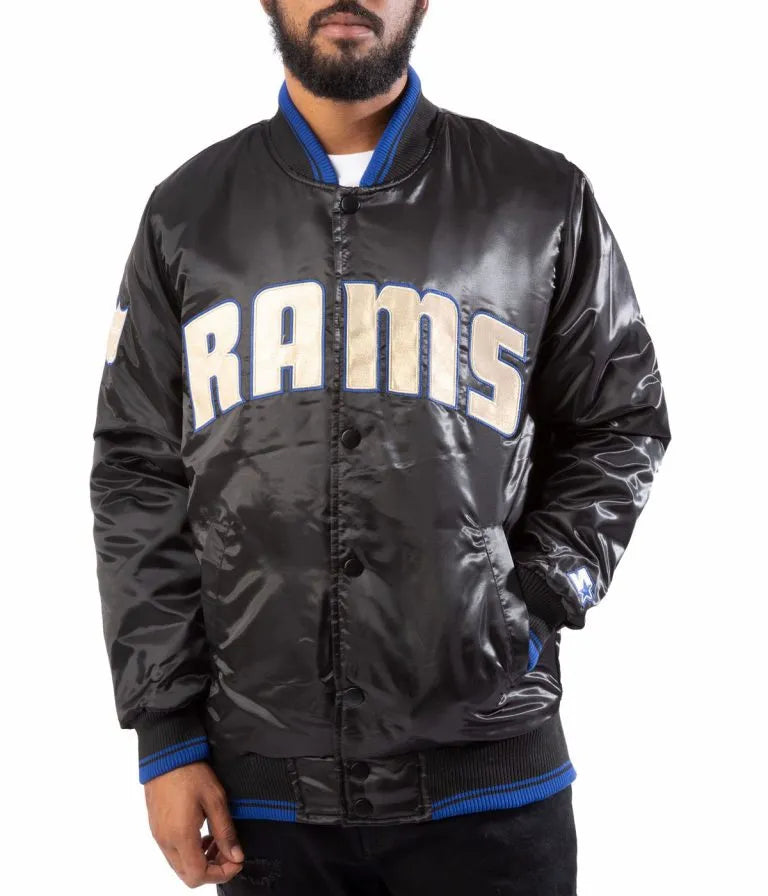 Los Angeles Rams Full-Snap Varsity Black Satin Men's Bomber Jacket