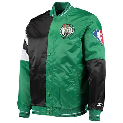 Boston Celtics Leader Full-Snap Varsity Kelly Green/Black Color Block Satin Men's Bomber Jacket