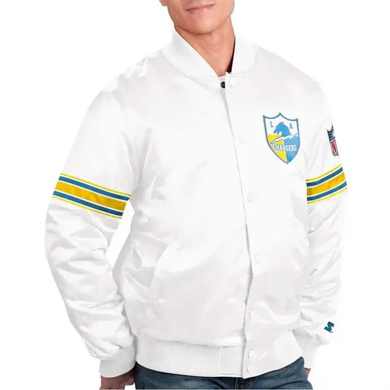 Los Angeles Chargers The Power Forward Full-Snap Varsity White Satin Men's Bomber Jacket