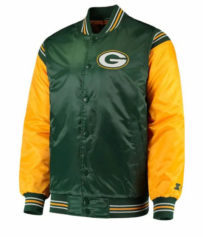 Green Bay Packers Full-Snap Varsity Yellow and Green Satin Men's Bomber Jacket