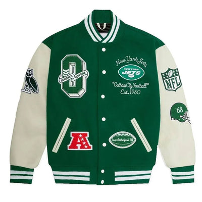 OVO New York Jets Green Wool & White Genuine Leather Sleeves Men's Varsity Letterman Jacket