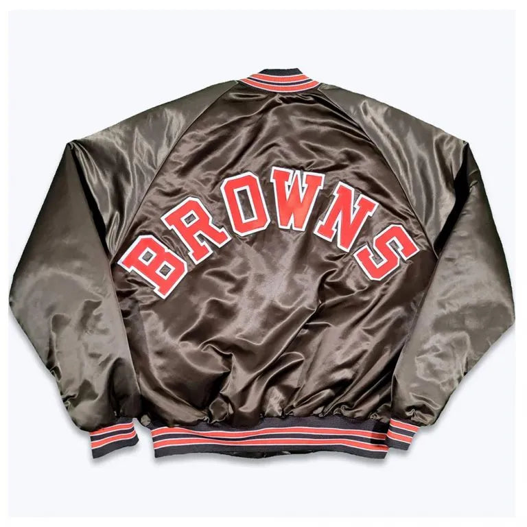 80s Cleveland Browns Full-Snap Varsity Brown Satin Men's Bomber Jacket