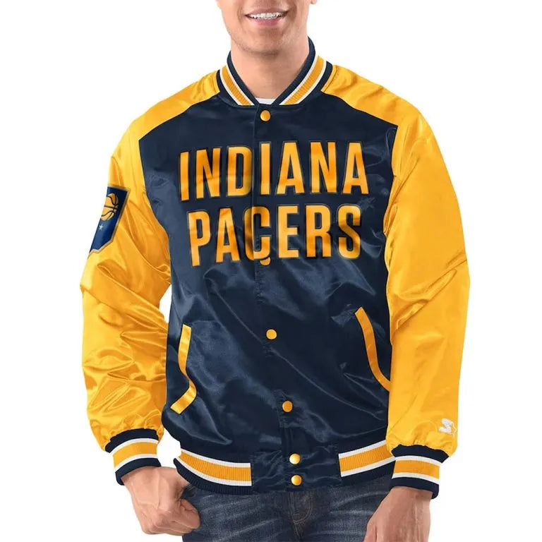 Indiana Pacers Renegade Full-Snap Varsity Yellow and Navy Blue Satin Men's Bomber Jacket