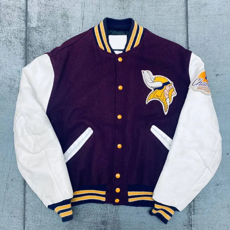 1980’sMinnesota Vikings NFC Champs Patch Purple Wool and White Genuine Leather Sleeves Men's Varsity Letterman Jacket