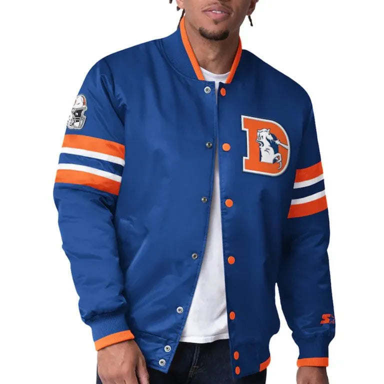 Denver Broncos Scout I Full-Snap Varsity Blue Satin Men's Bomber Jacket