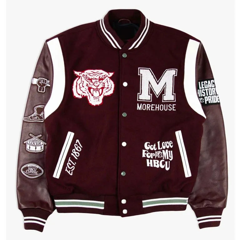 Morehouse College Motto 3.0 Maroon Wool & Genuine Leather Sleeves Men's Letterman Varsity Jacket