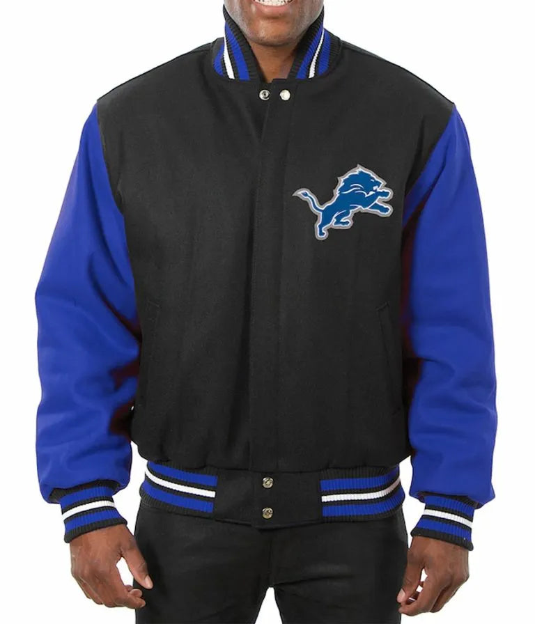 Detroit Lions All Wool  Black And Royal Blue Men's Varsity Jacket