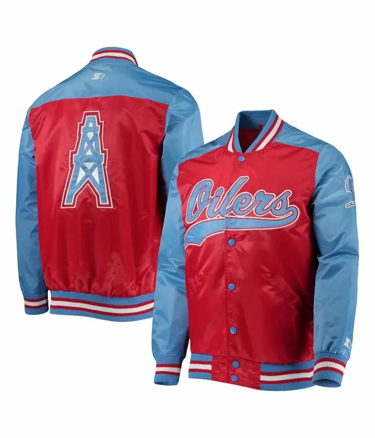 Houston Oilers Gridiron Classics The Tradition II  Full-Snap Varsity Red and Blue Satin Men's Bomber Jacket