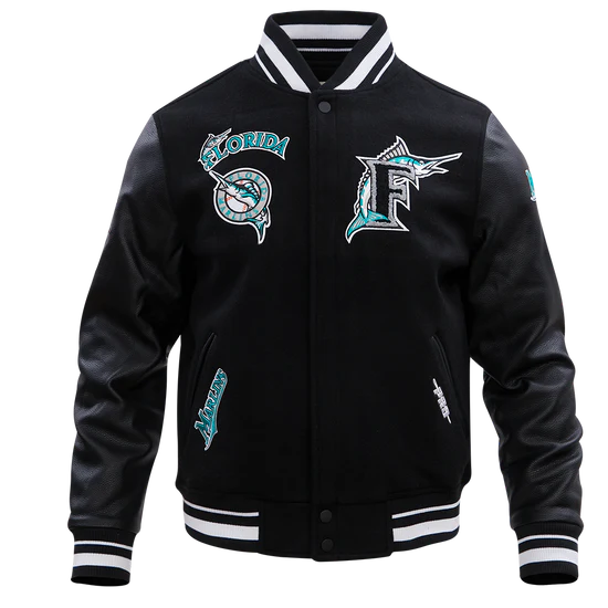 Florida Marlins Varsity Letterman Black Wool & Leather Men's Jacket