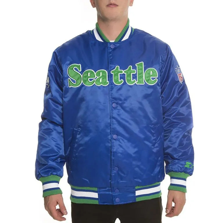 Seattle Seahawks Full-Snap Varsity Royal Blue Satin Men's Bomber Jacket