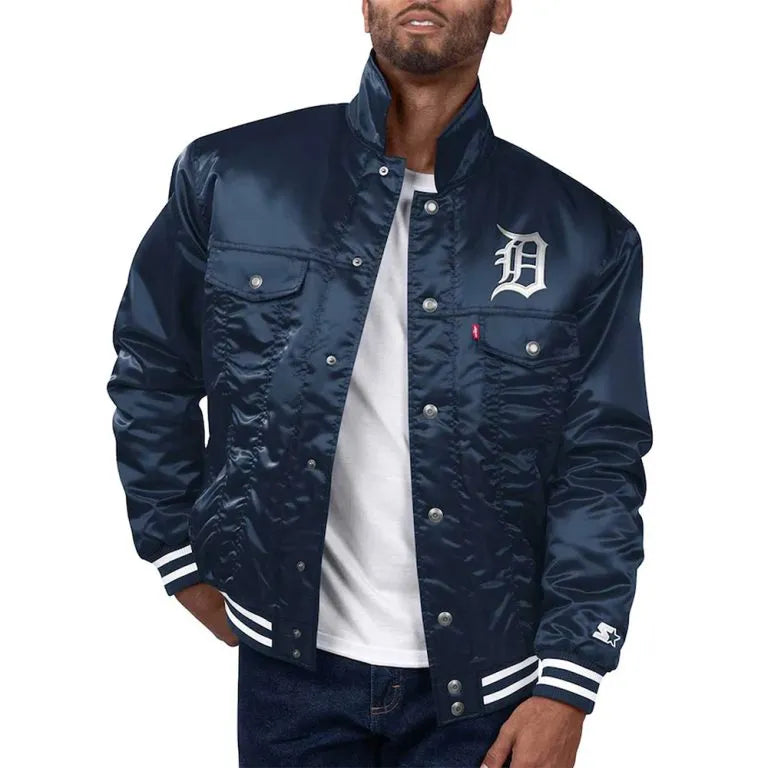 Detroit Tigers Silver Tab Trucker Full-Snap Navy Blue Satin Men's Jacket