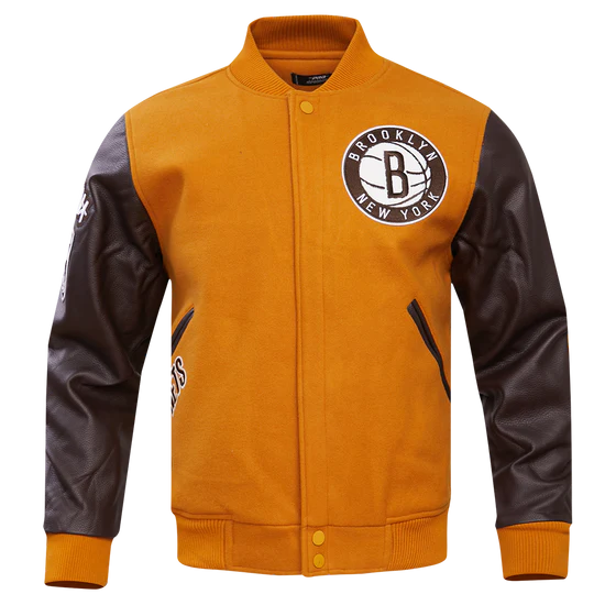 Brooklyn Nets NBA Orange Wool & Brown Genuine Leather Sleeves Men's Varsity Letterman Jacket