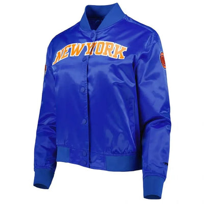 New York Knick Classic Full-Snap Varsity Royal Blue Satin Men's Bomber Jacket