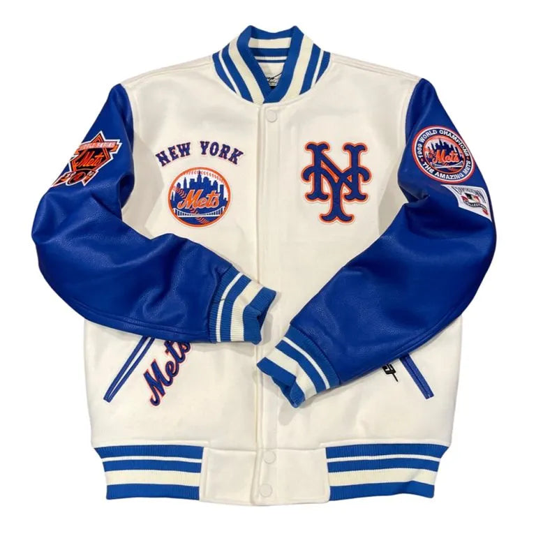 NY Mets Kate Upton Off White Wool & Blue Leather Sleeves Varsity Men's Jacket