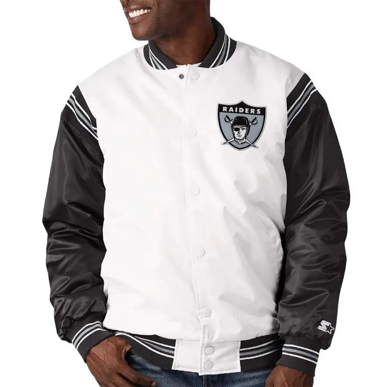 Los Angeles Raiders Historic Renegade Full-Snap Varsity Black & White Satin Men's Bomber Jacket
