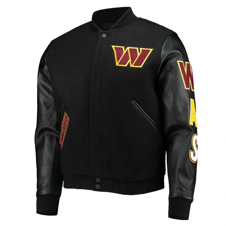 Washington Commanders Logo Black Wool & Genuine Leather Sleeves Men's Varsity Letterman Jacket