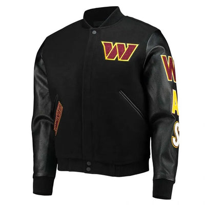 Washington Commanders Logo Black Wool & Genuine Leather Sleeves Men's Varsity Letterman Jacket