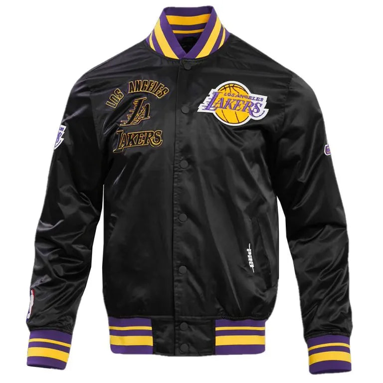 Los Angeles Lakers Retro Classic Rib Full-Snap Varsity Black Satin Men's Bomber Jacket