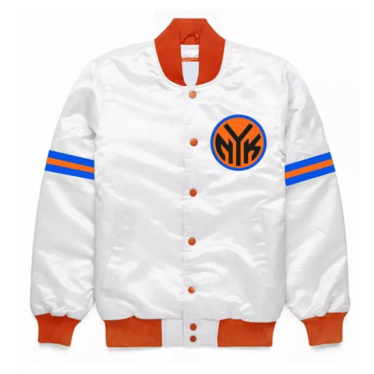 New York Knick Striped Full-Snap Varsity  Blue/White Satin Men's Bomber Jacket