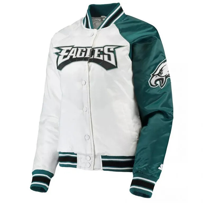 Philadelphia Eagles Hometown Full-Snap Varsity Midnight Green and White Satin Men's Bomber Jacket
