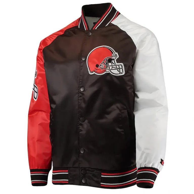 Cleveland Browns The Reliever Full-Snap Varsity Tri Color Satin Men's Bomber Jacket